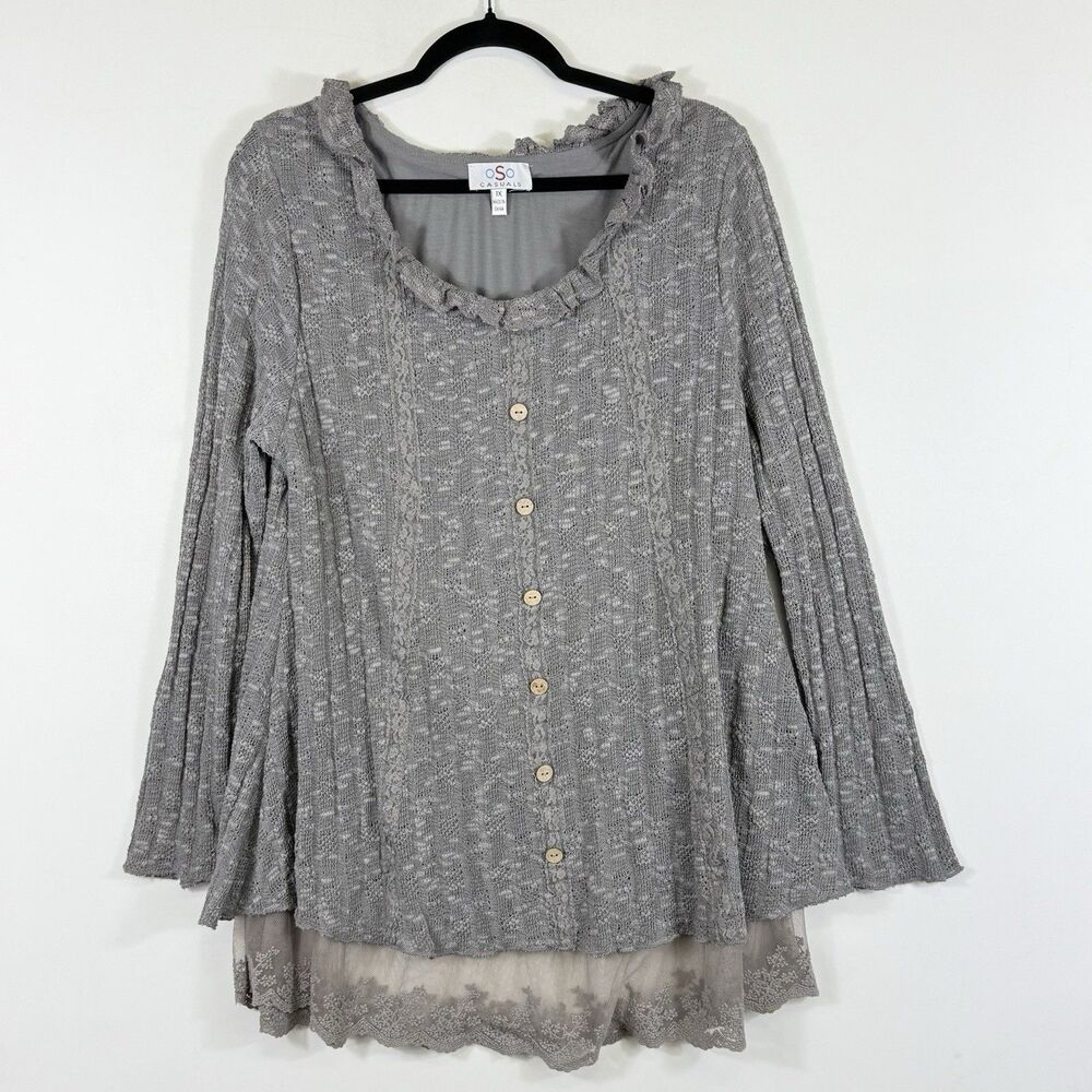 OSO Casuals Sweater Women 1X Grey Lace Trim Cardigan Cottagecore Coastal Twee